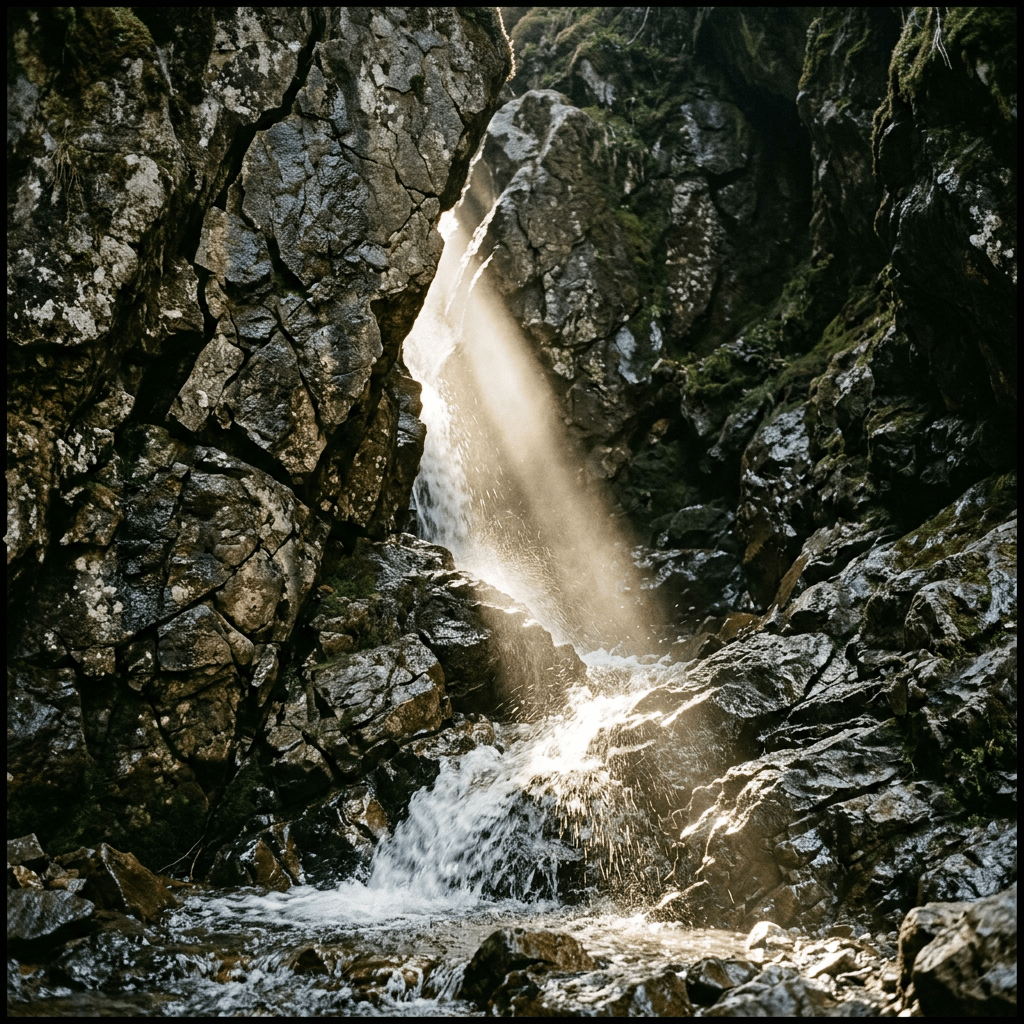 Waterfall cascading over mossy dark rocks with sunlight streaming through a gap
