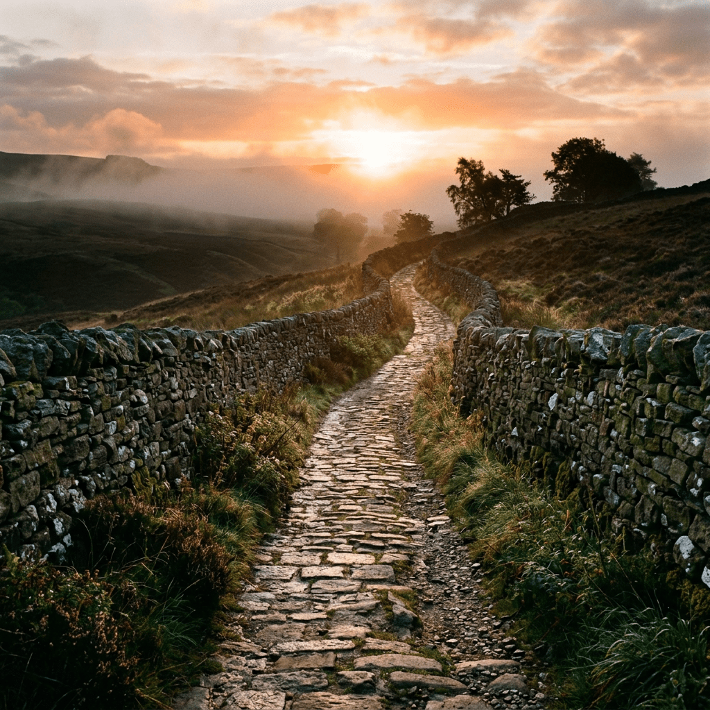 Winding stone pathway bordered by dry stone walls with misty hills and sunrise in background
